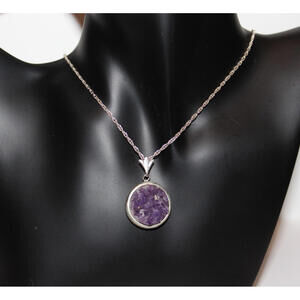Vintage 925 Sterling Silver Amethyst Druzy Pendant Necklace 24" Natural Stone